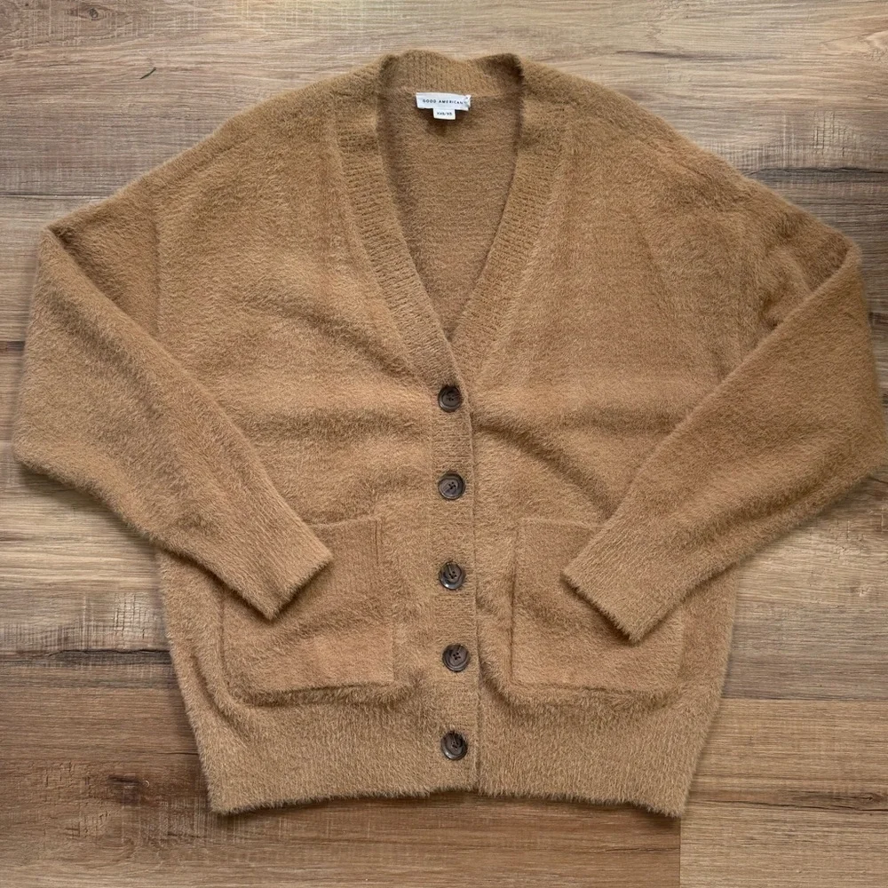 Good American Tan Eyelash Fuzzy Cardigan Sweater XXS/XS - Picture 2 of 6